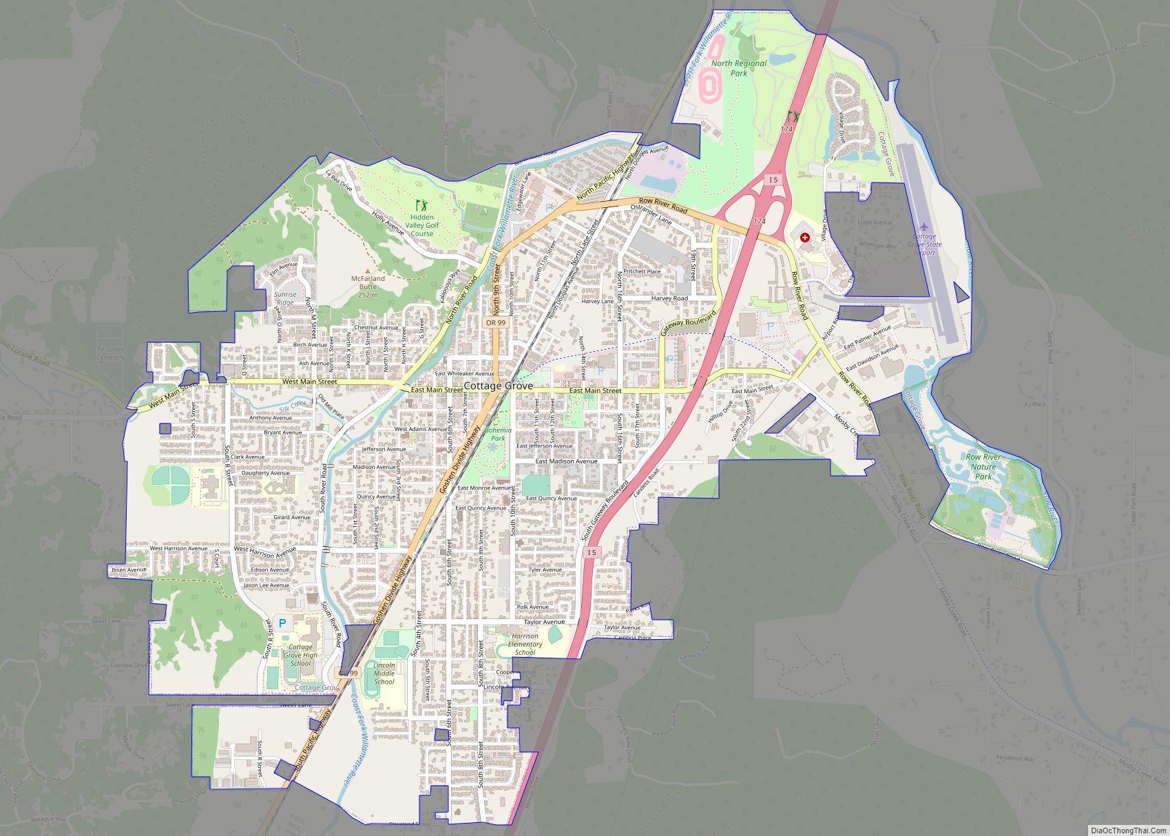 Map of Cottage Grove city, Oregon
