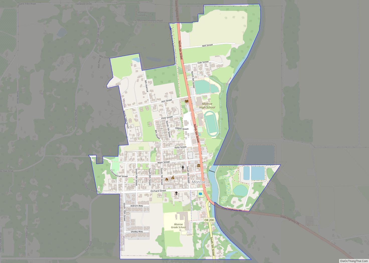 Map of Monroe city, Oregon