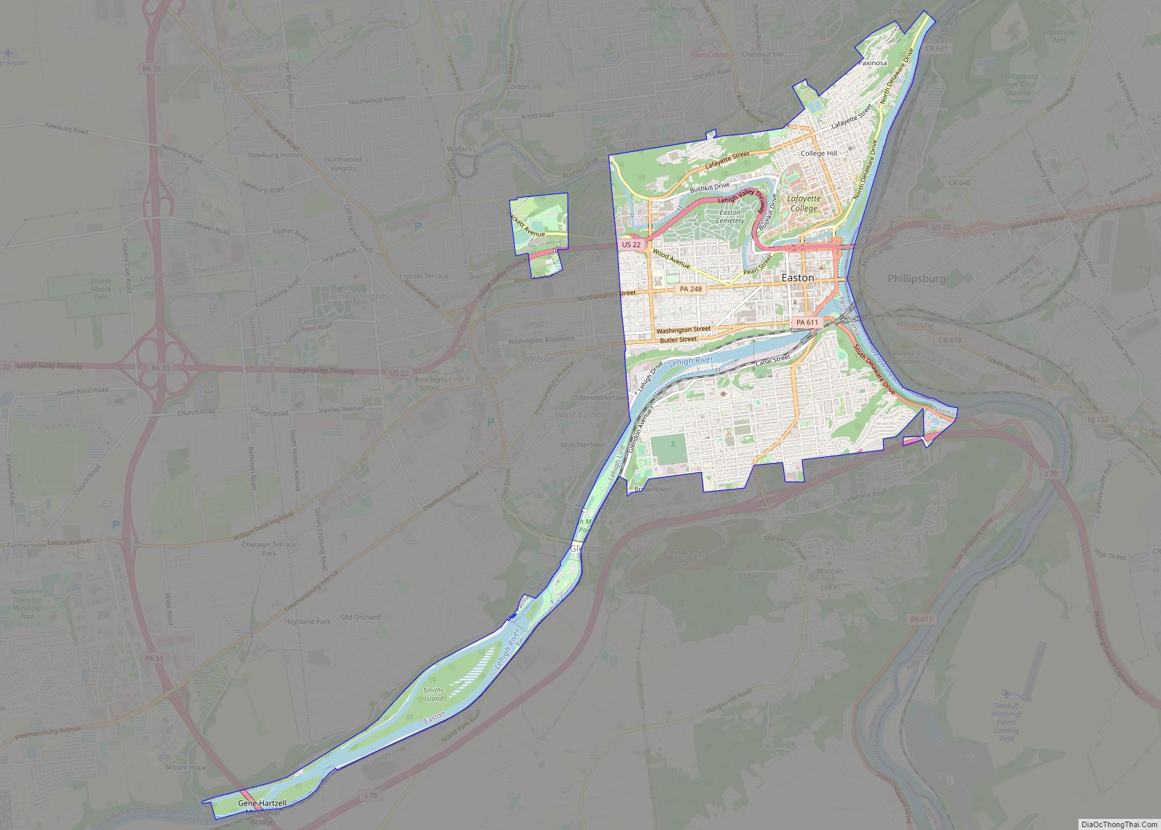 Map of Easton city, Pennsylvania