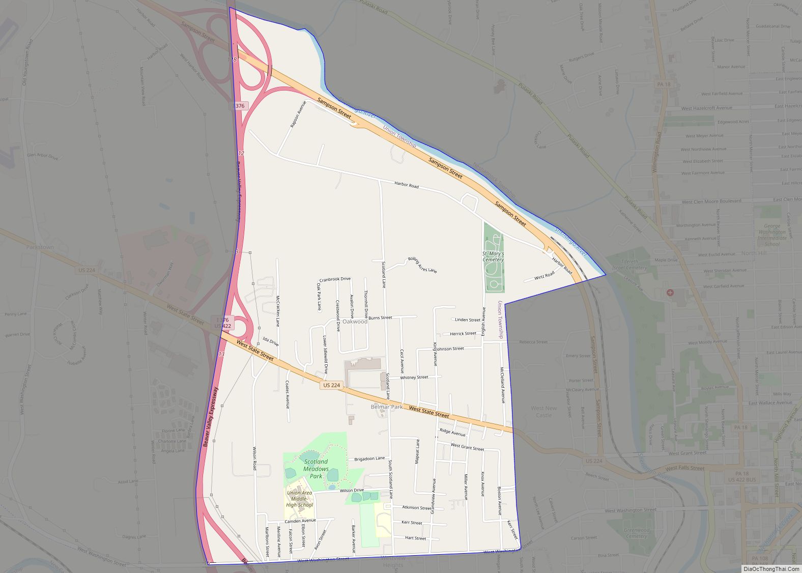 Map of Oakwood CDP, Pennsylvania