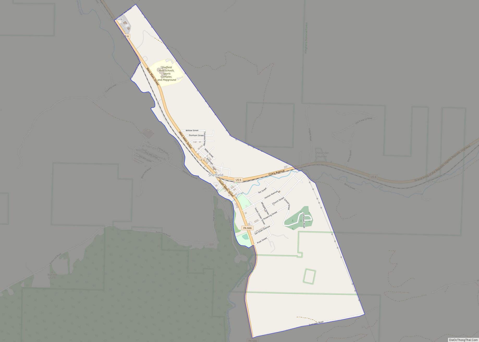 Map of Sheffield CDP, Pennsylvania