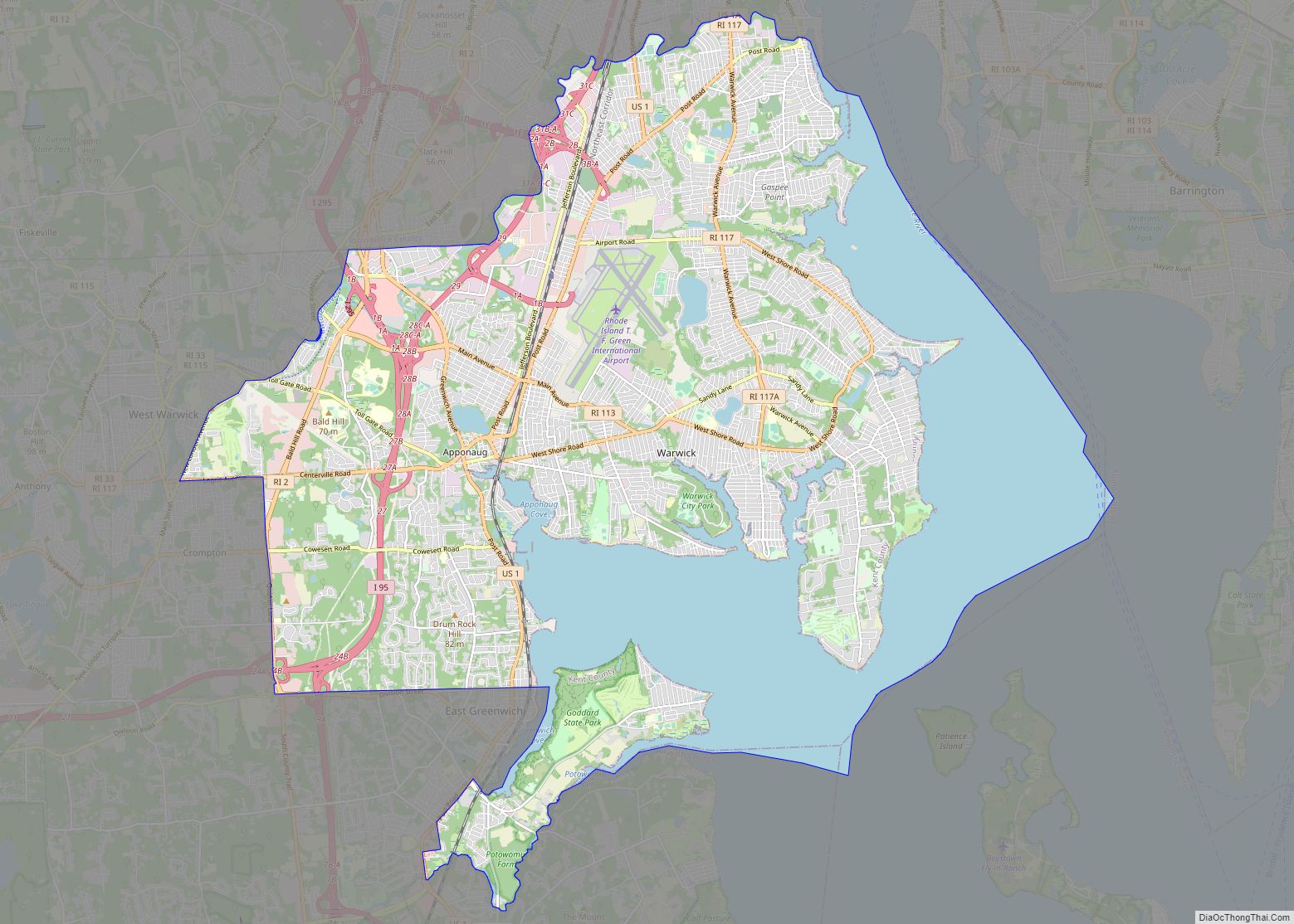 Map of Warwick city, Rhode Island