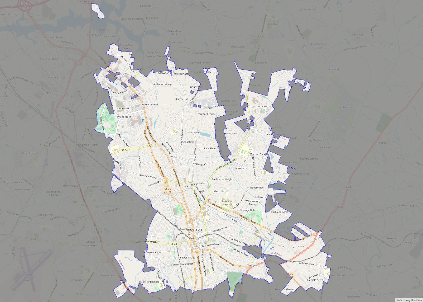 Map of Anderson city, South Carolina