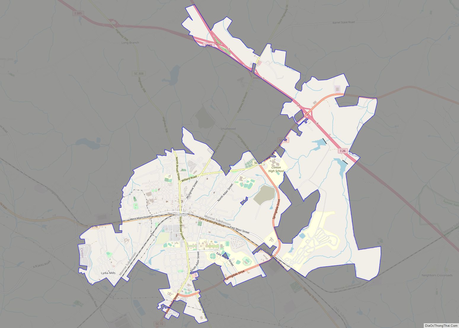 Map of Clinton city, South Carolina