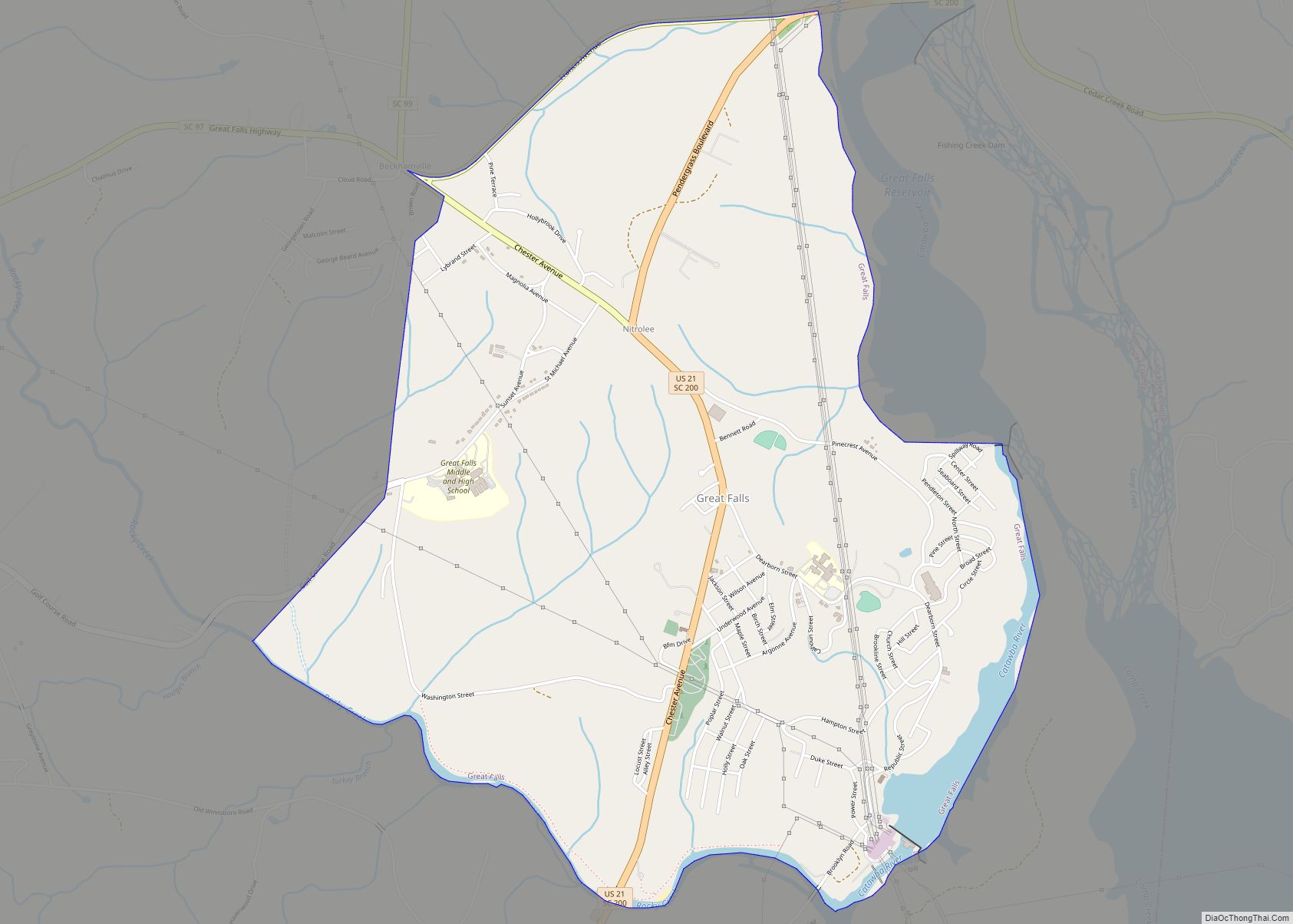 Map of Great Falls town, South Carolina