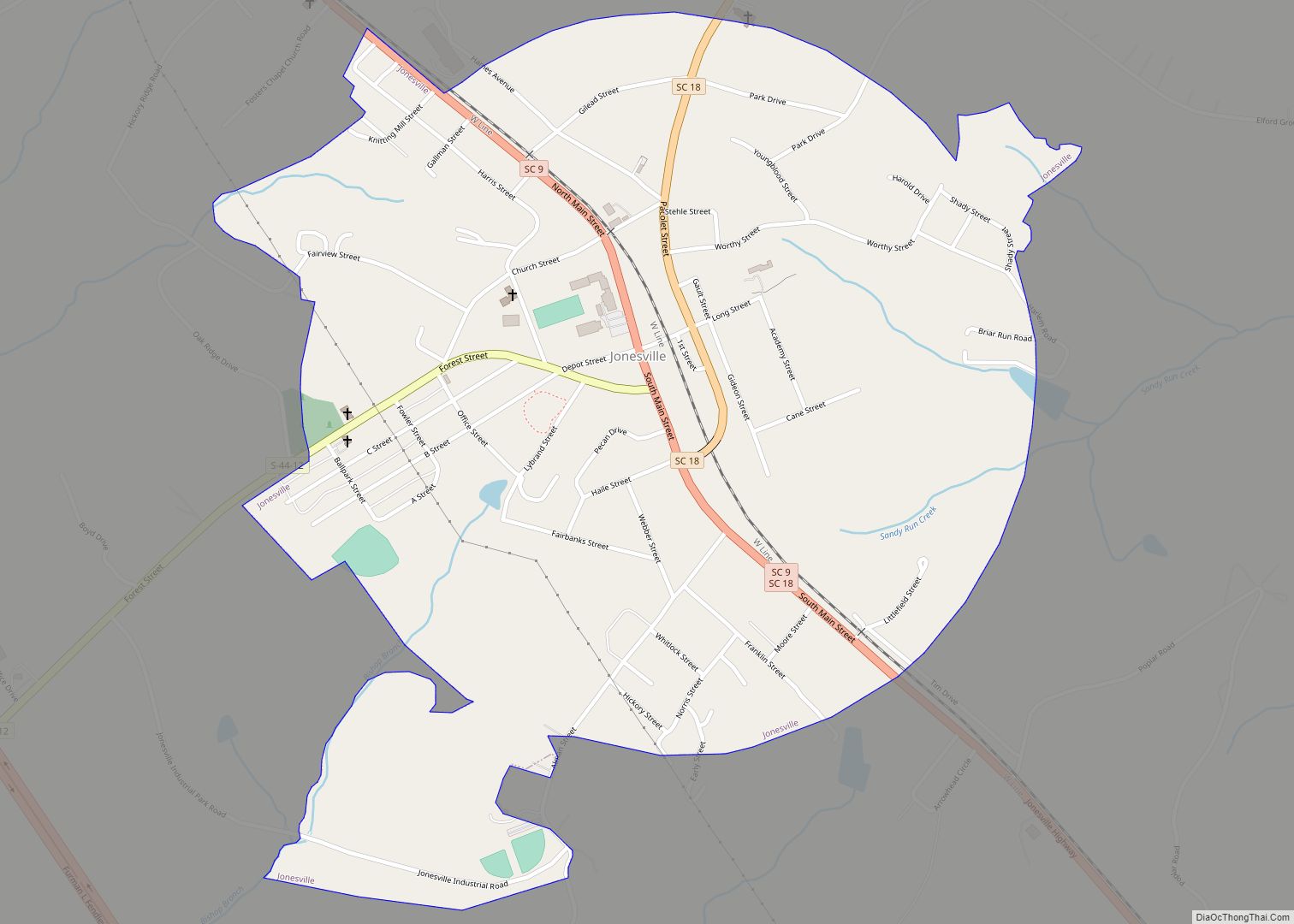 Map of Jonesville town, South Carolina