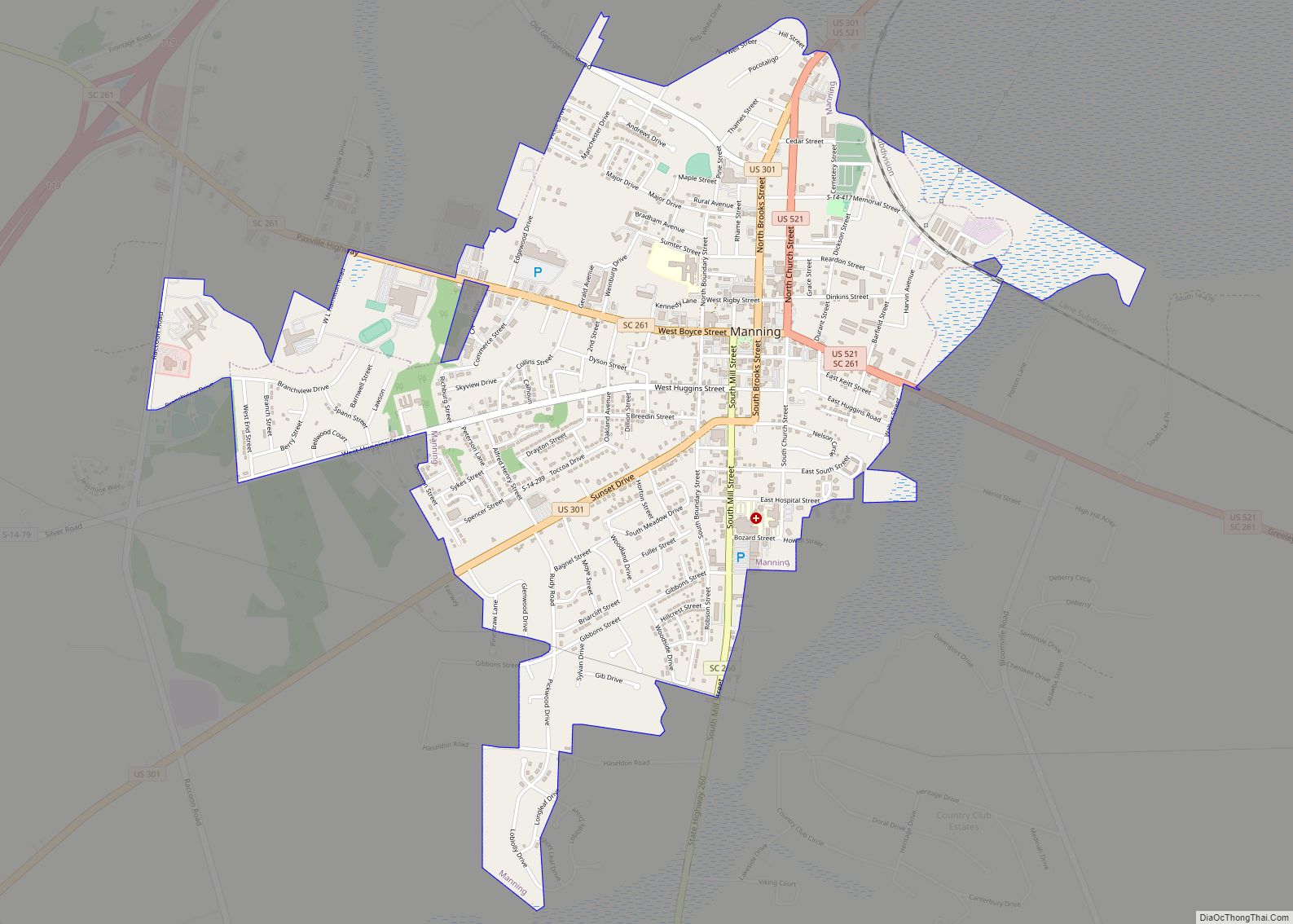 Map of Manning city, South Carolina