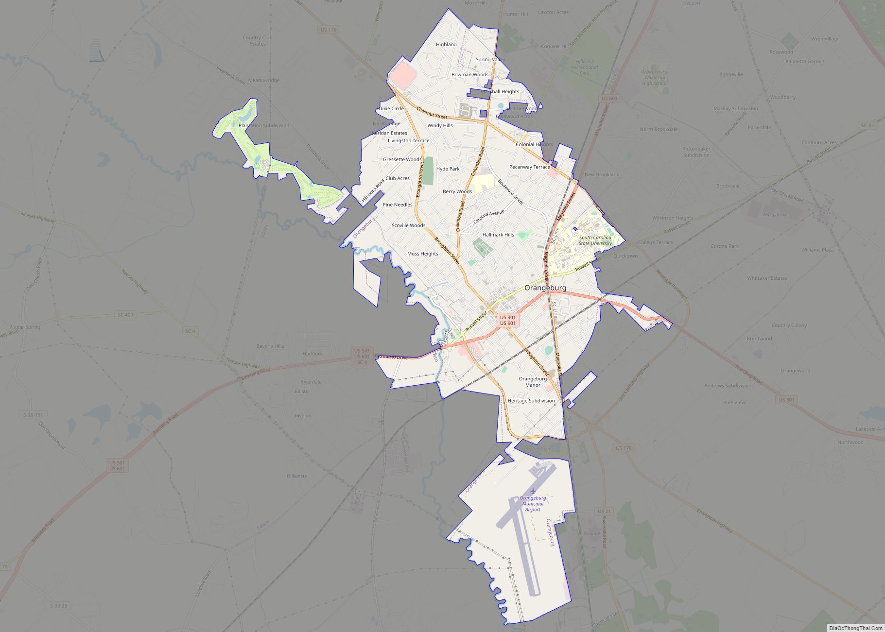 Map of Orangeburg city, South Carolina