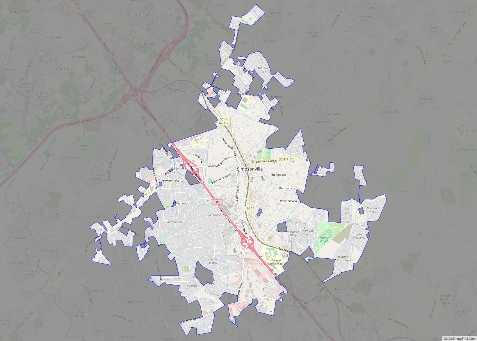 Map of Simpsonville city, South Carolina