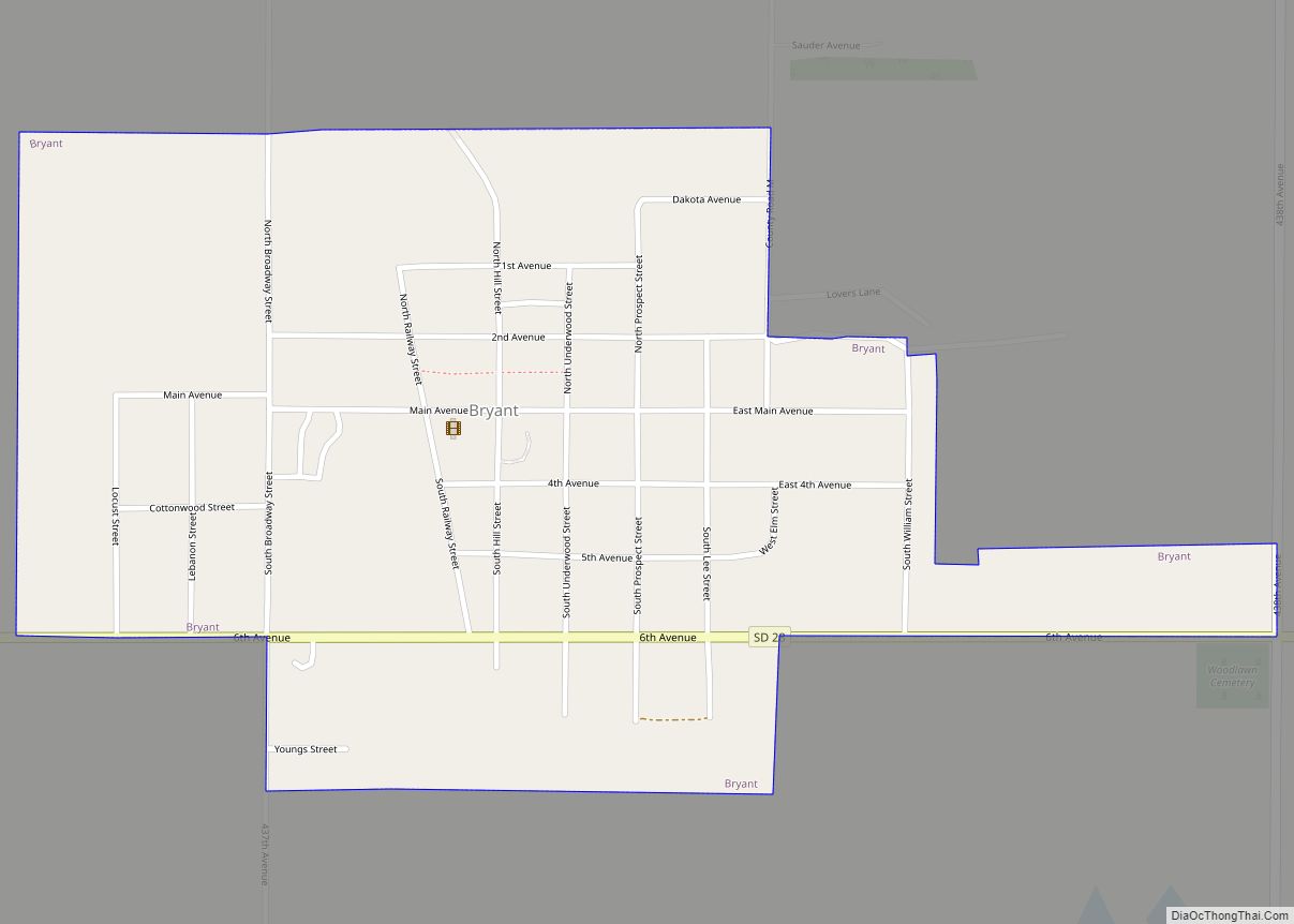 Map of Bryant city, South Dakota