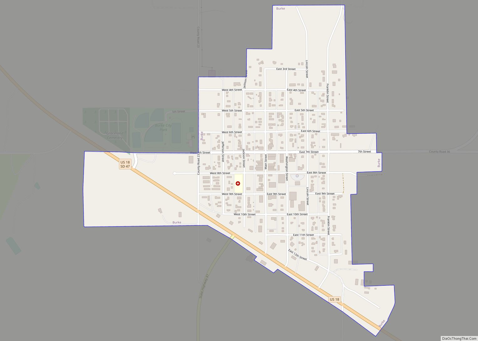 Map of Burke city, South Dakota