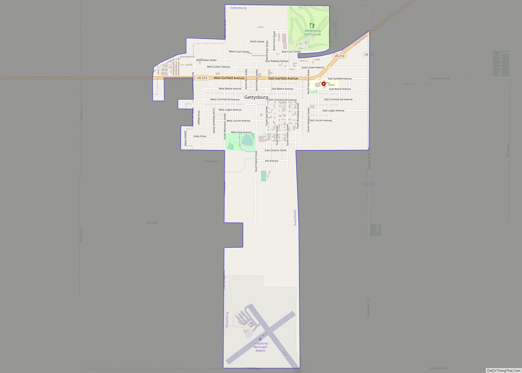 Map of Gettysburg city, South Dakota