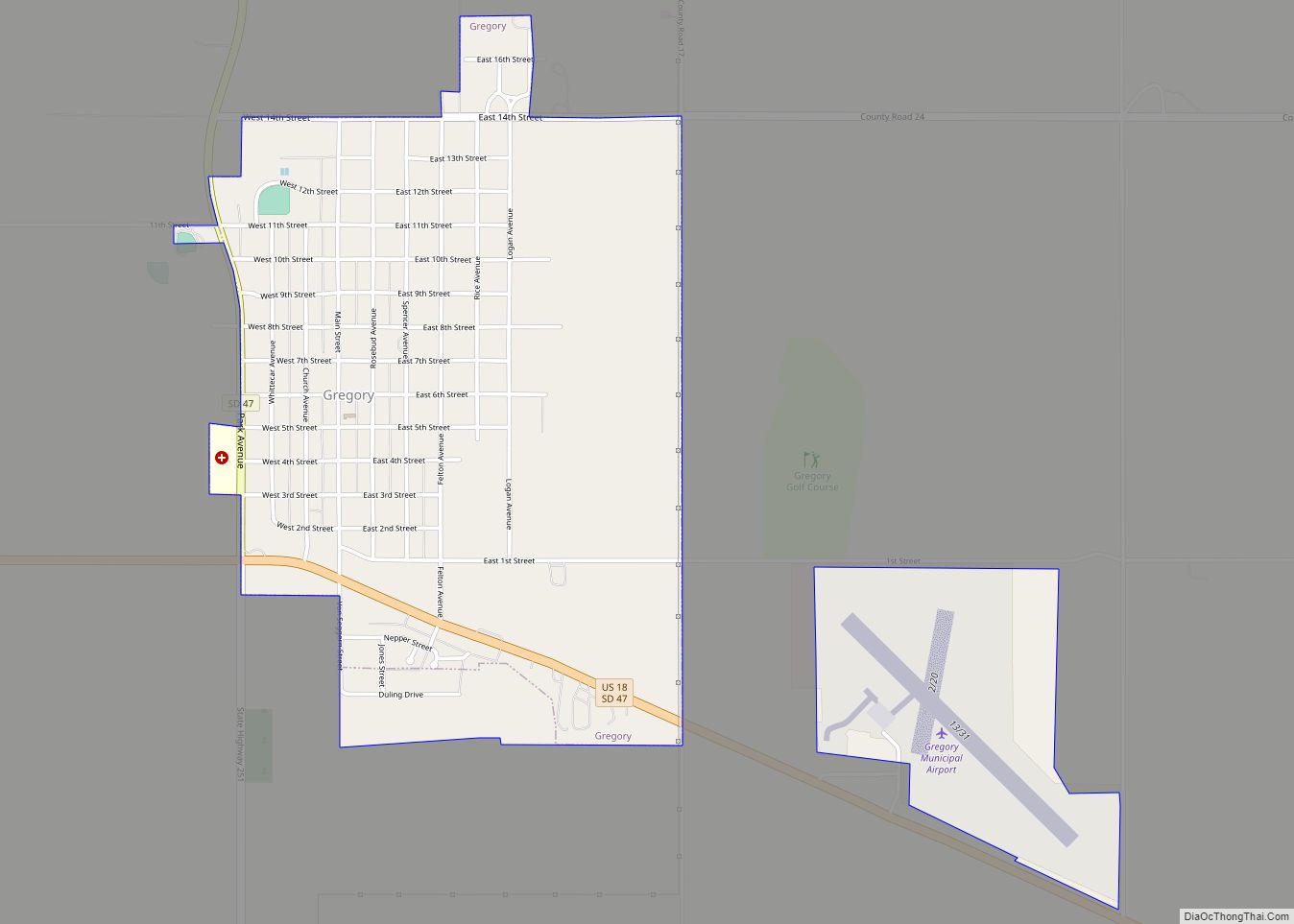 Map of Gregory city, South Dakota