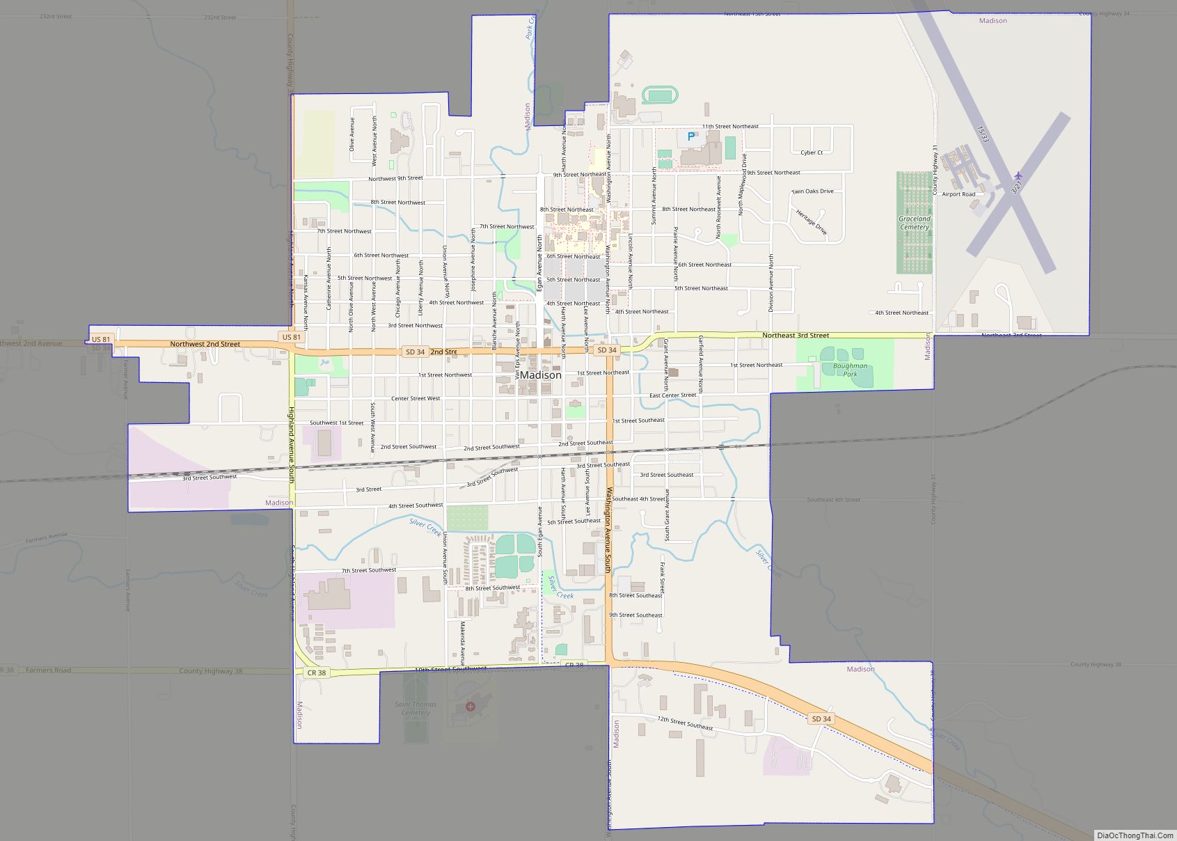 Map of Madison city, South Dakota