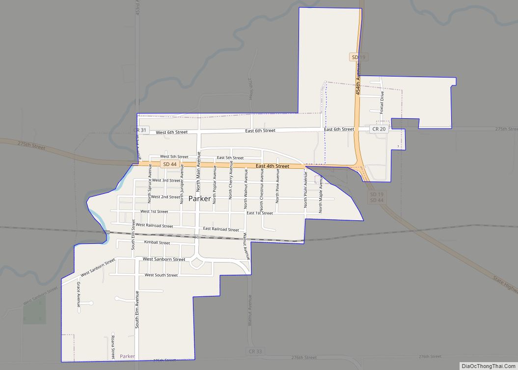Map of Parker city, South Dakota