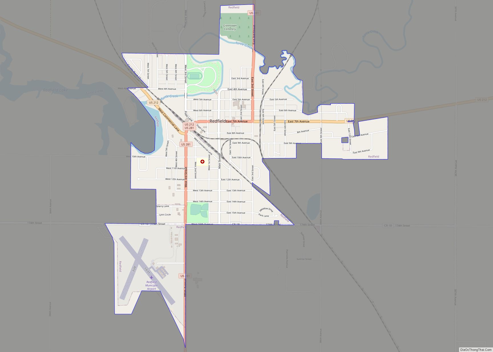 Map of Redfield city, South Dakota