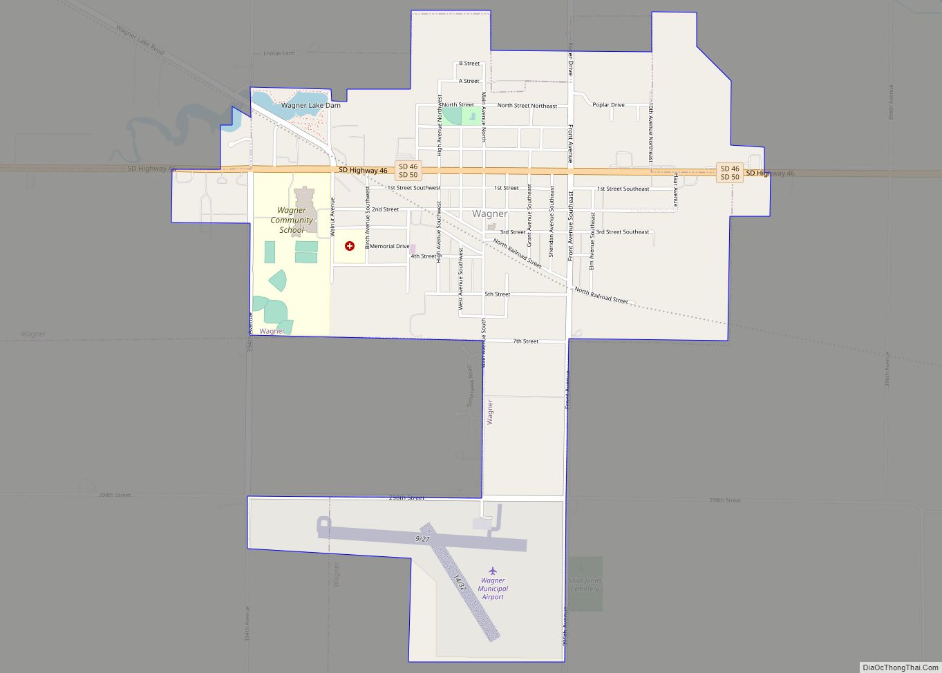 Map of Wagner city, South Dakota