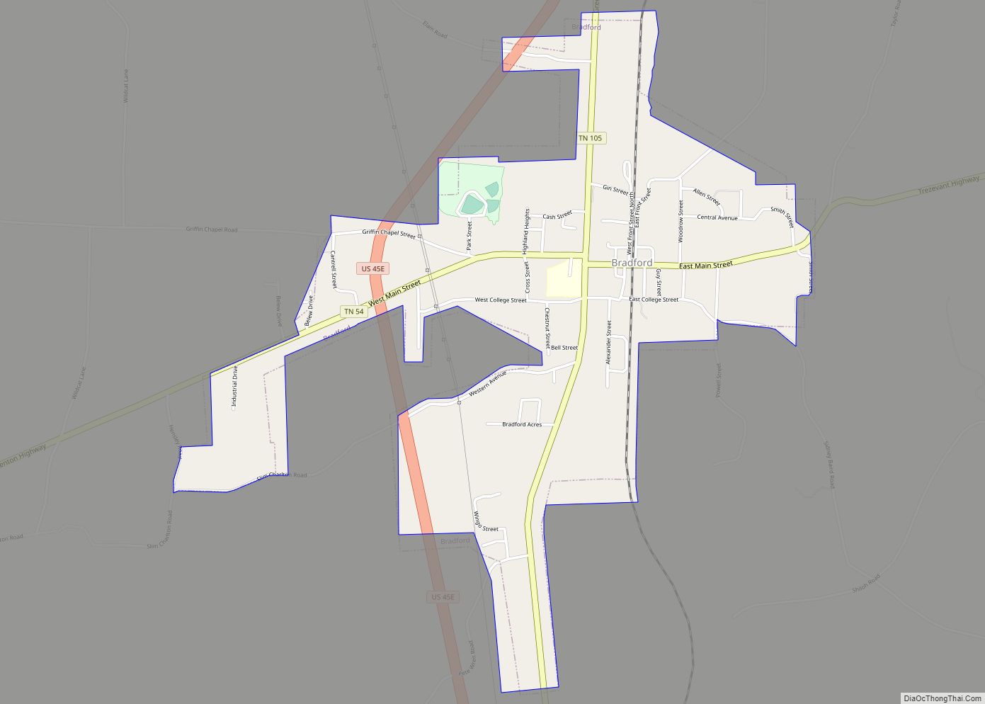 Map of Bradford town, Tennessee