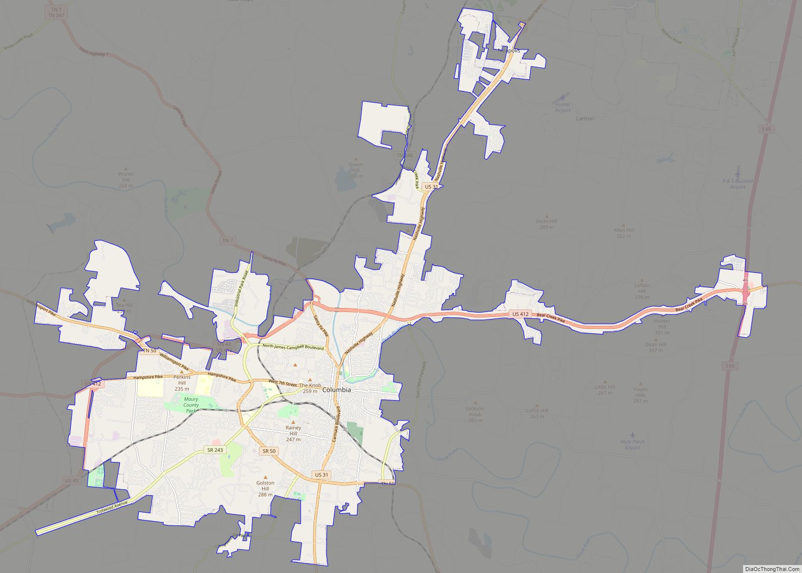 Map of Columbia city, Tennessee