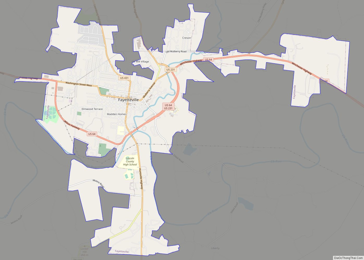Map of Fayetteville city, Tennessee