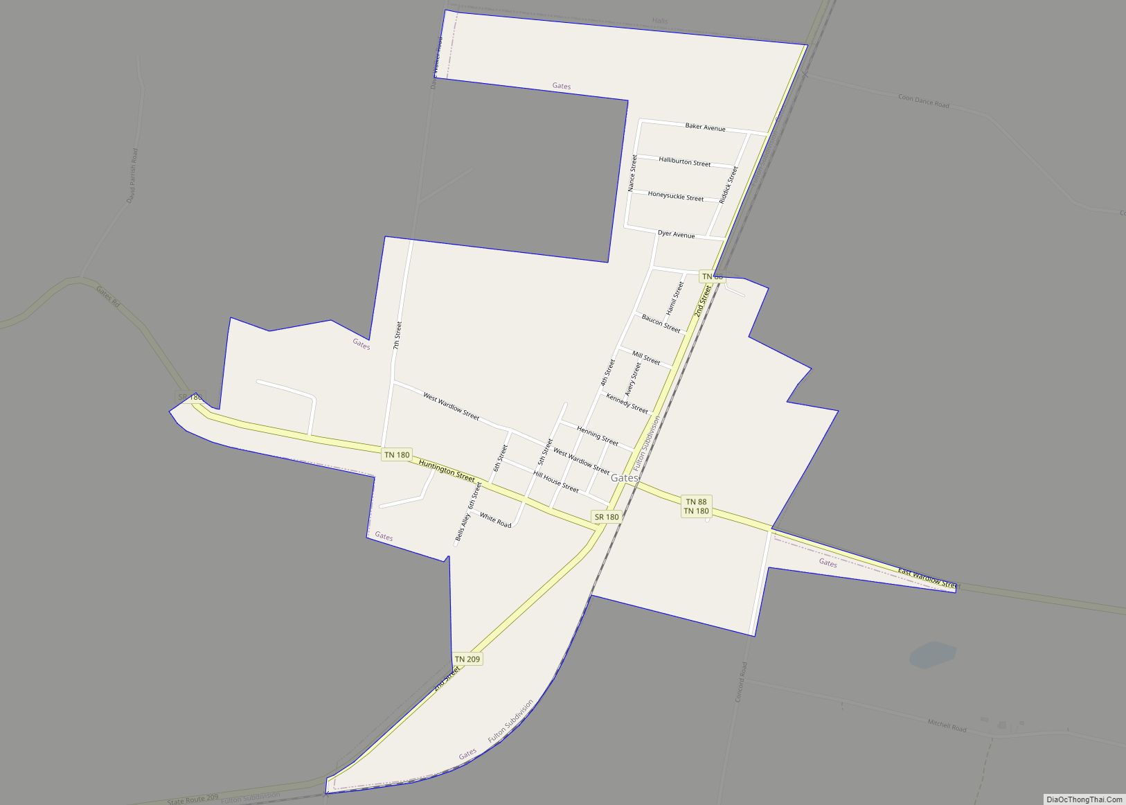 Map of Gates town, Tennessee