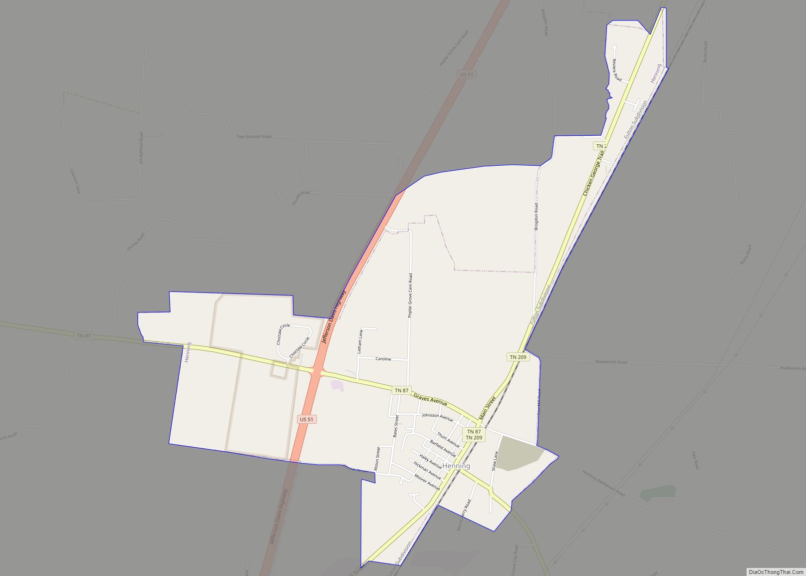 Map of Henning town, Tennessee