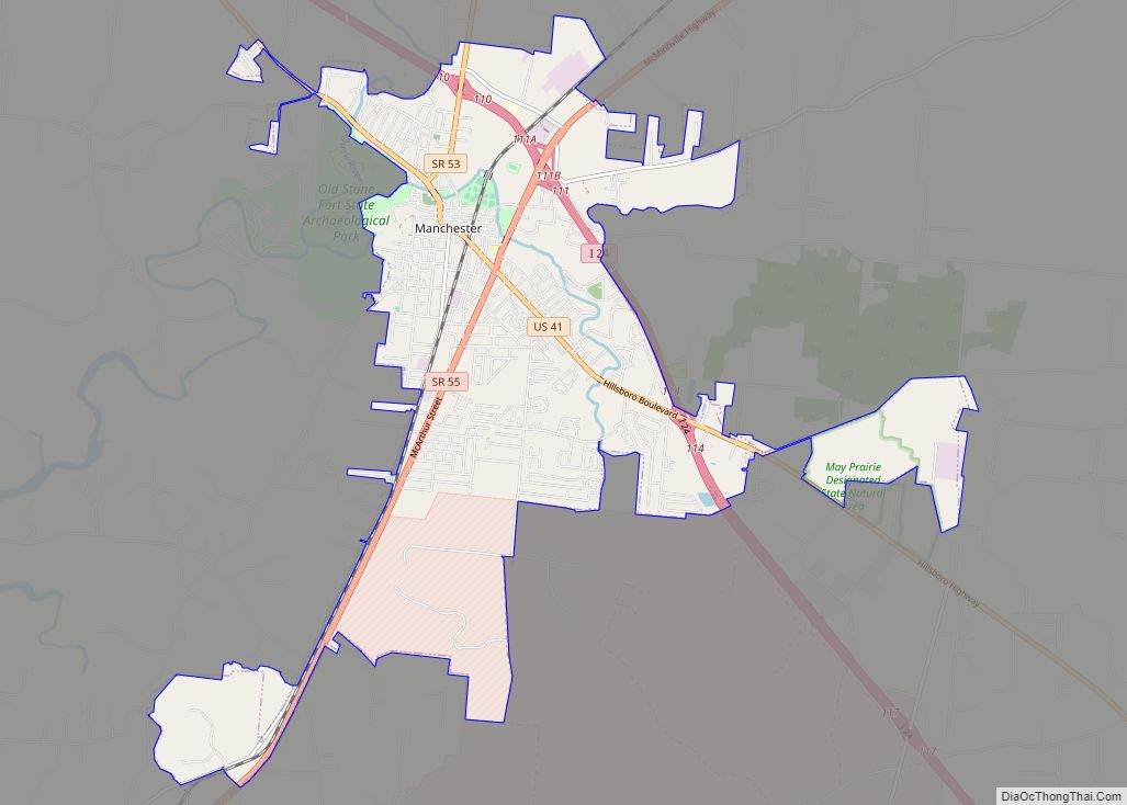 Map of Manchester city, Tennessee
