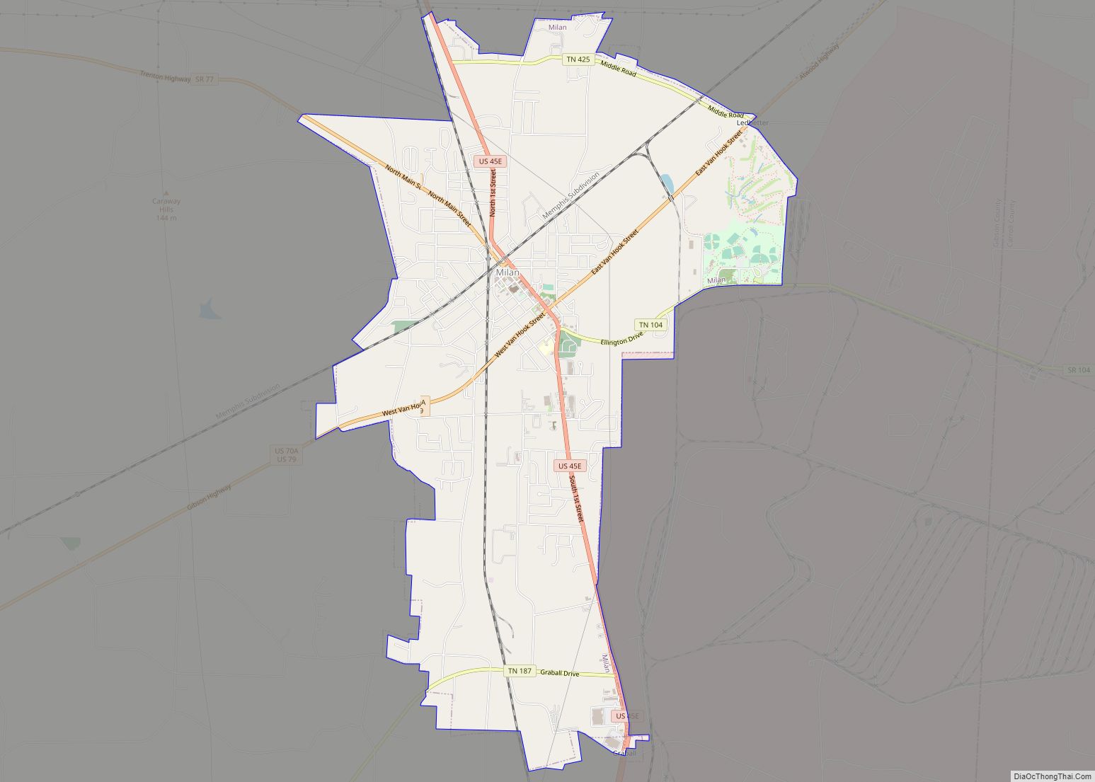 Map of Milan city, Tennessee
