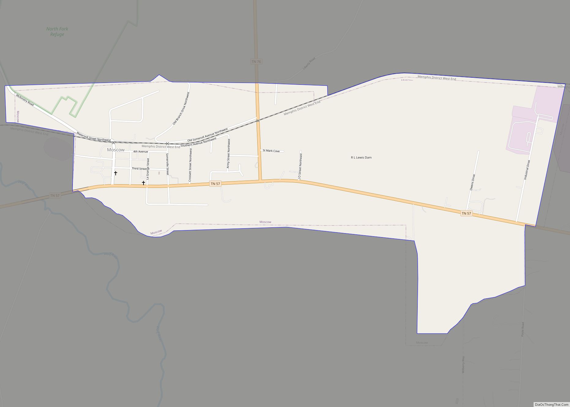 Map of Moscow city, Tennessee