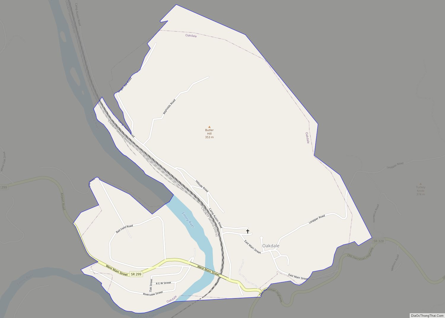 Map of Oakdale town, Tennessee