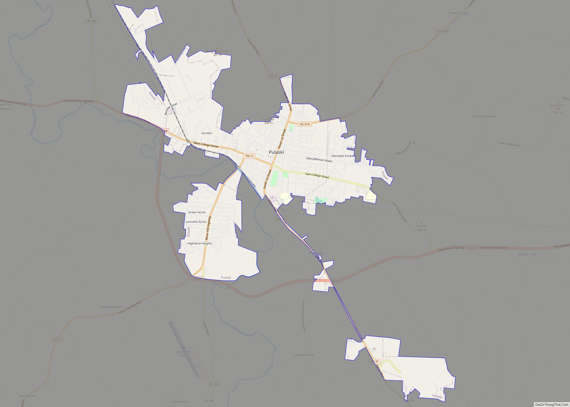 Map of Pulaski city, Tennessee