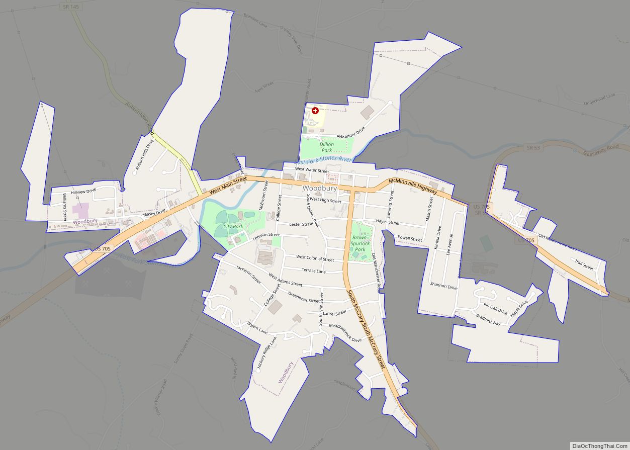 Map of Woodbury town, Tennessee