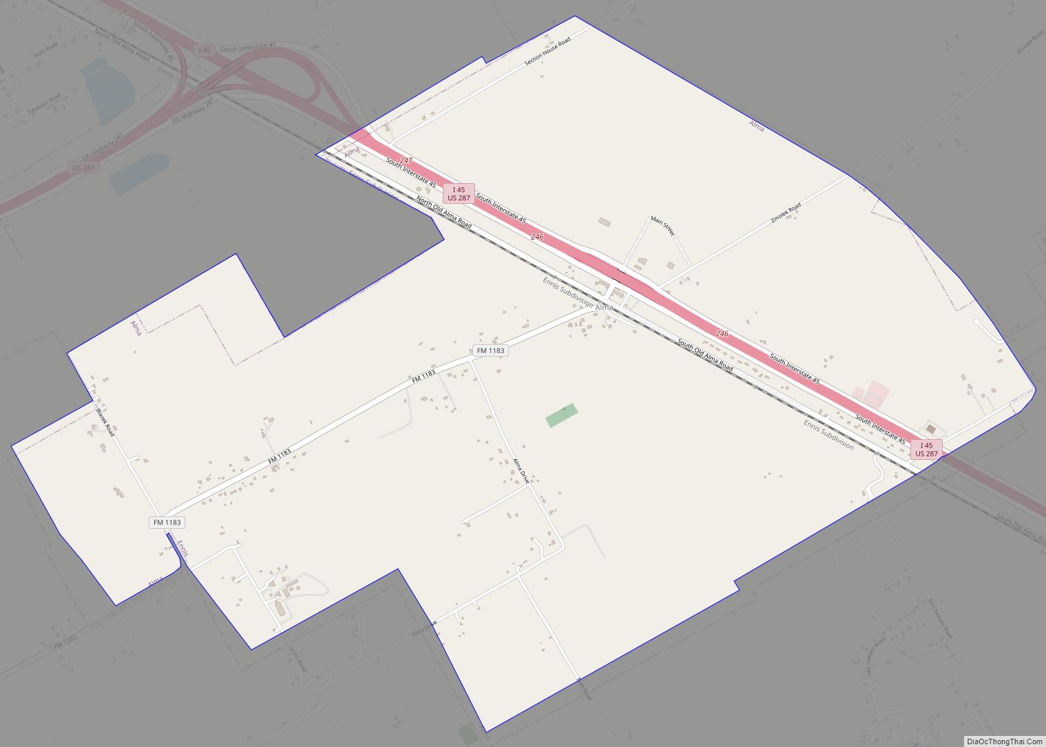 Map of Alma town, Texas