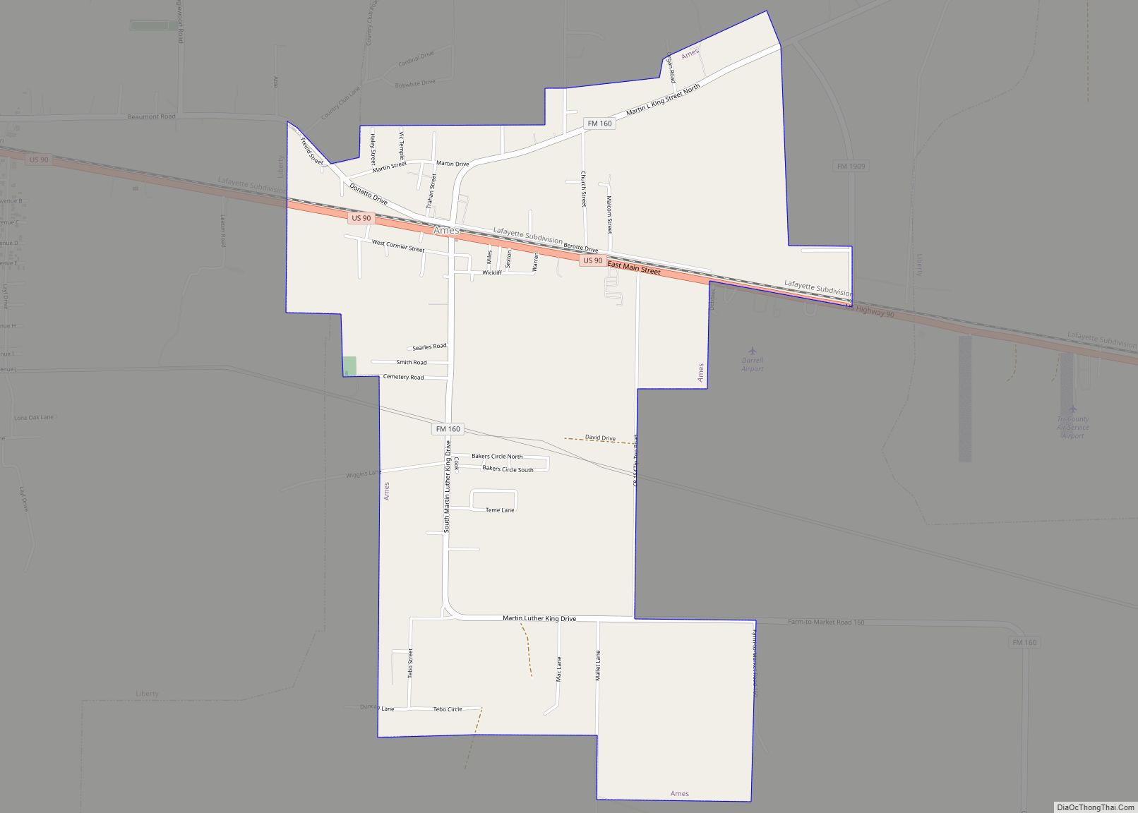 Map of Ames city, Texas