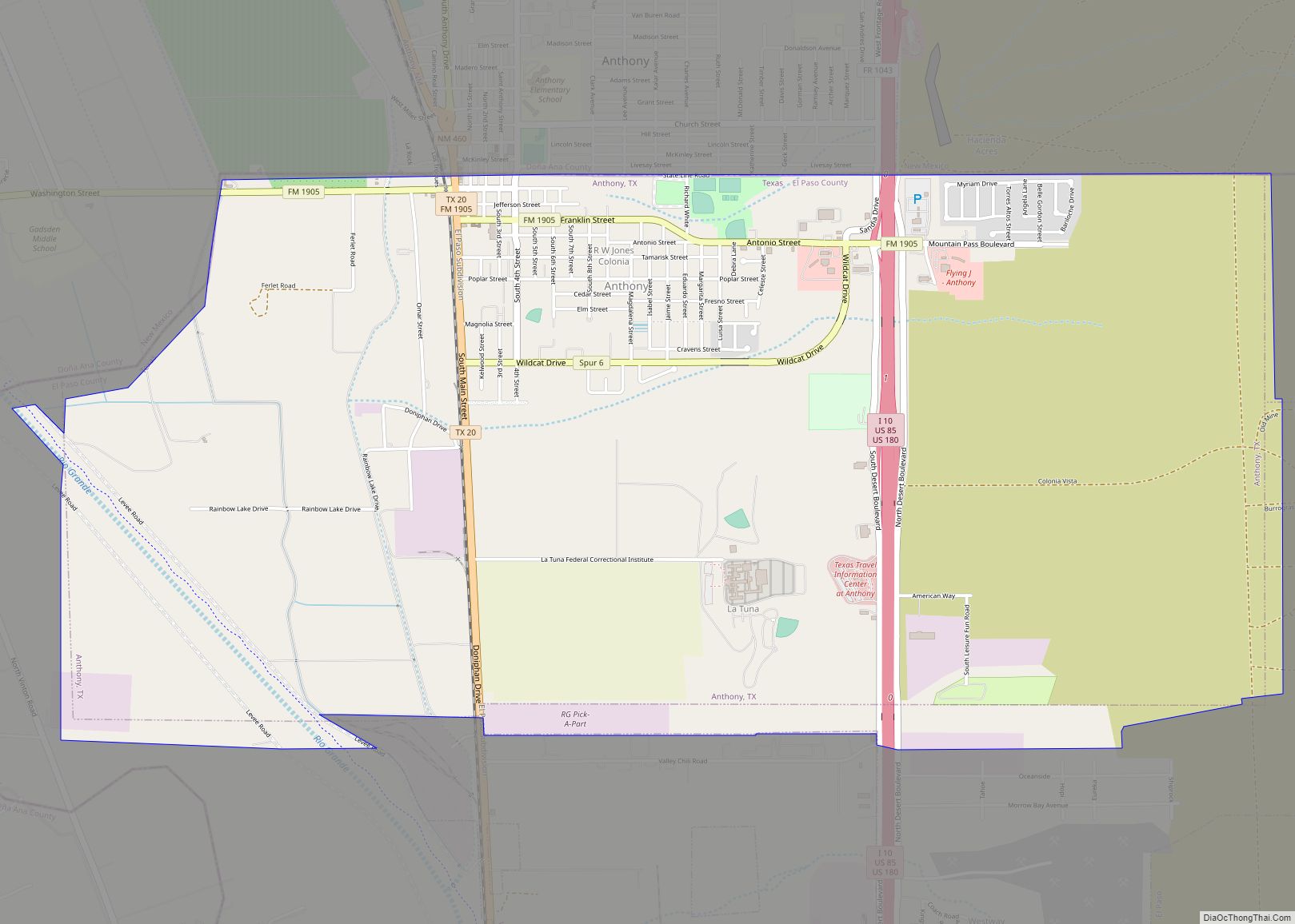 Map of Anthony town, Texas