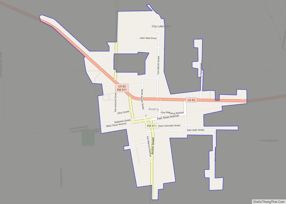 Map of Avery town, Texas