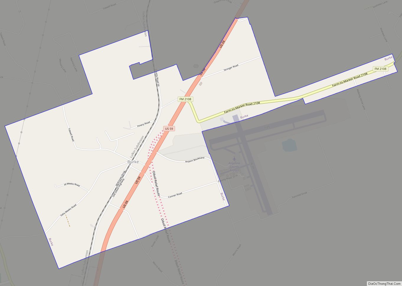 Map of Burke city, Texas