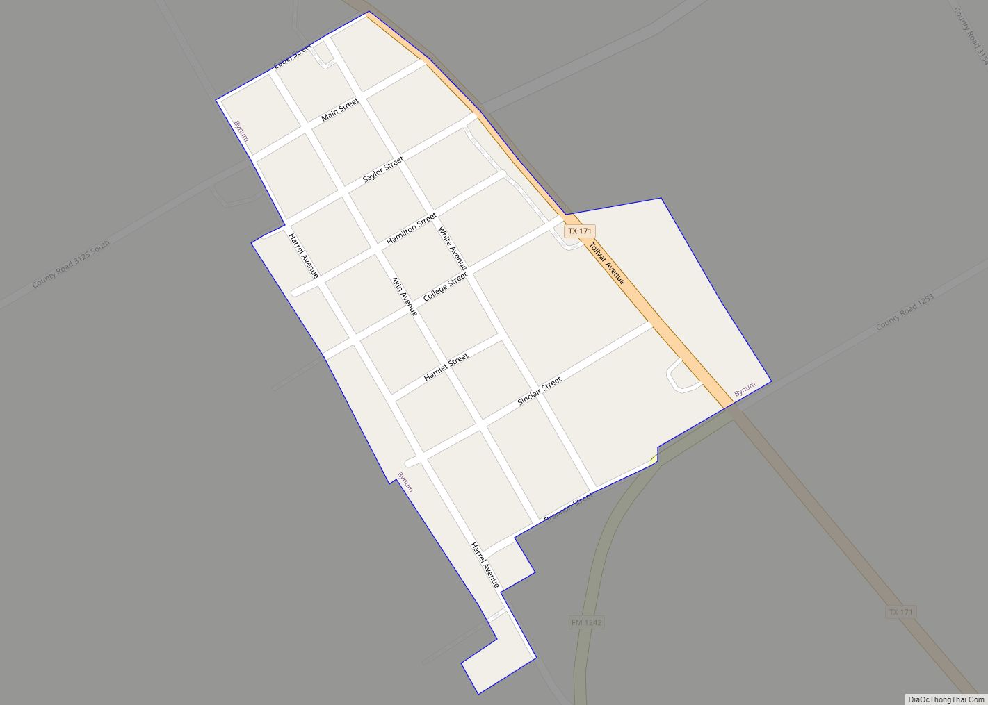 Map of Bynum town, Texas