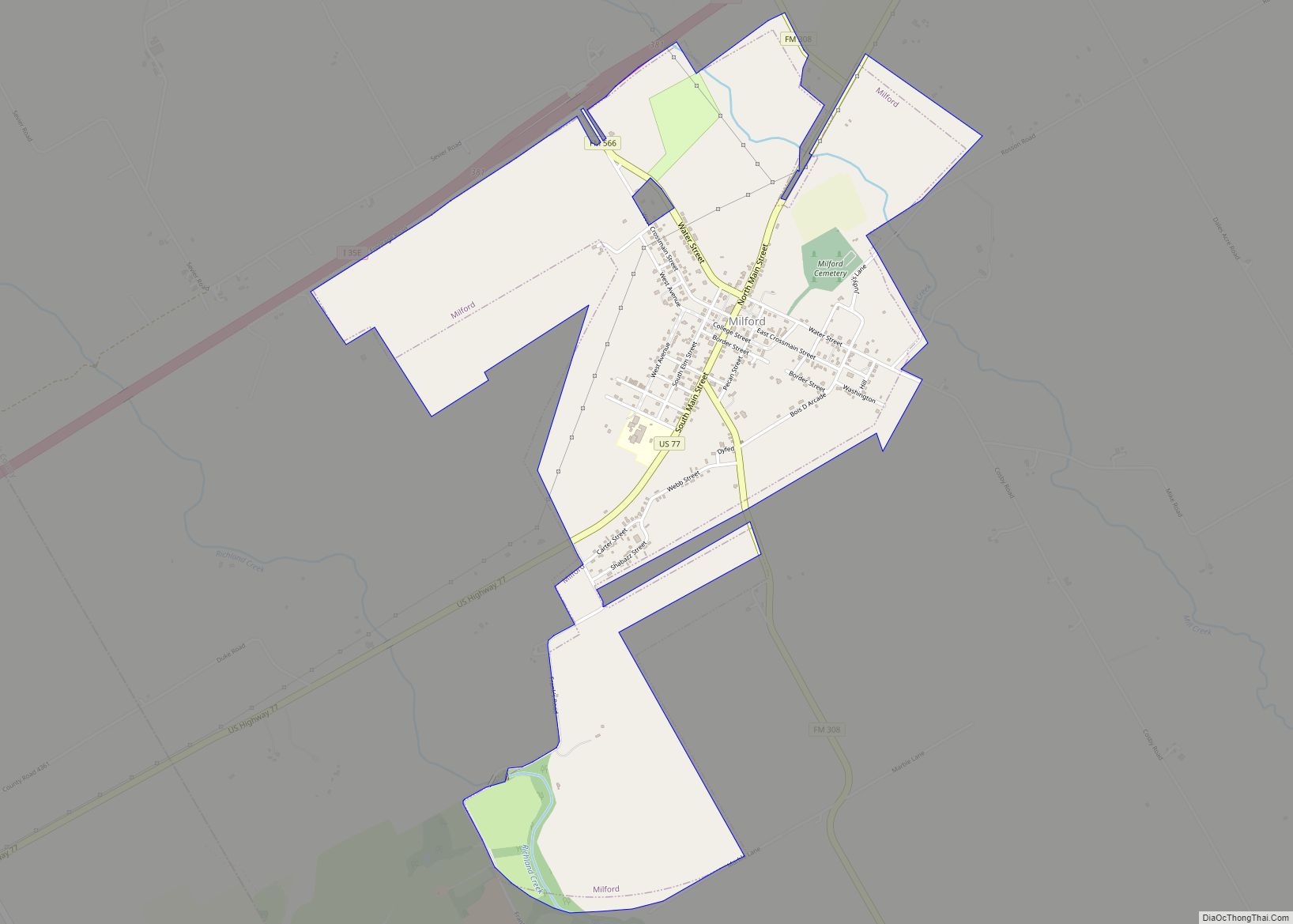Map of Milford town, Texas