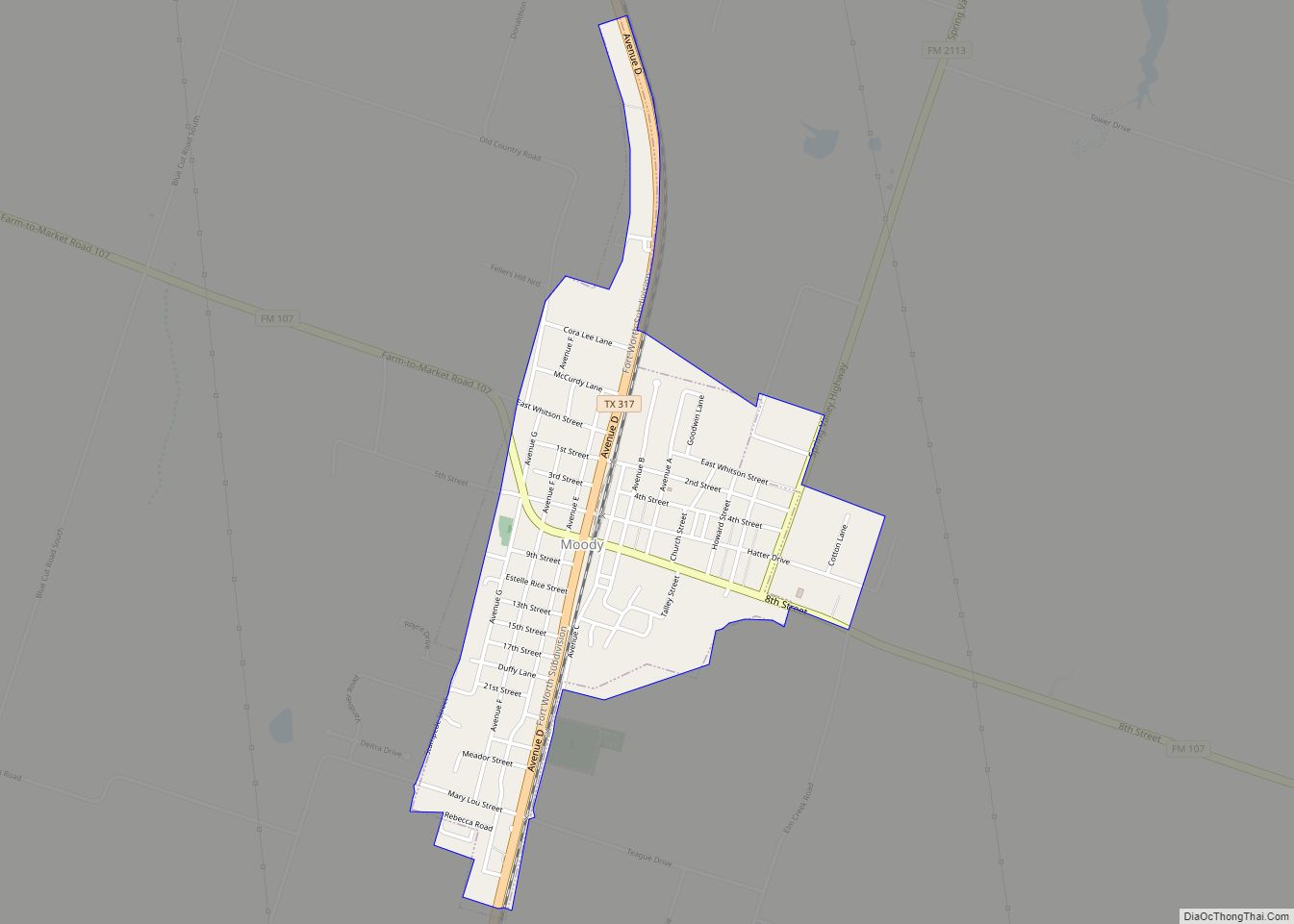 Map of Moody city, Texas