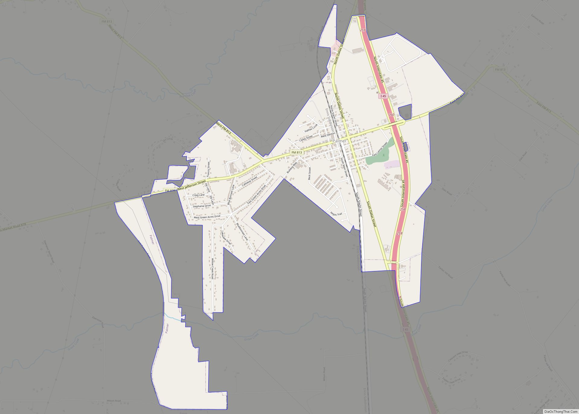 Map of Palmer town, Texas