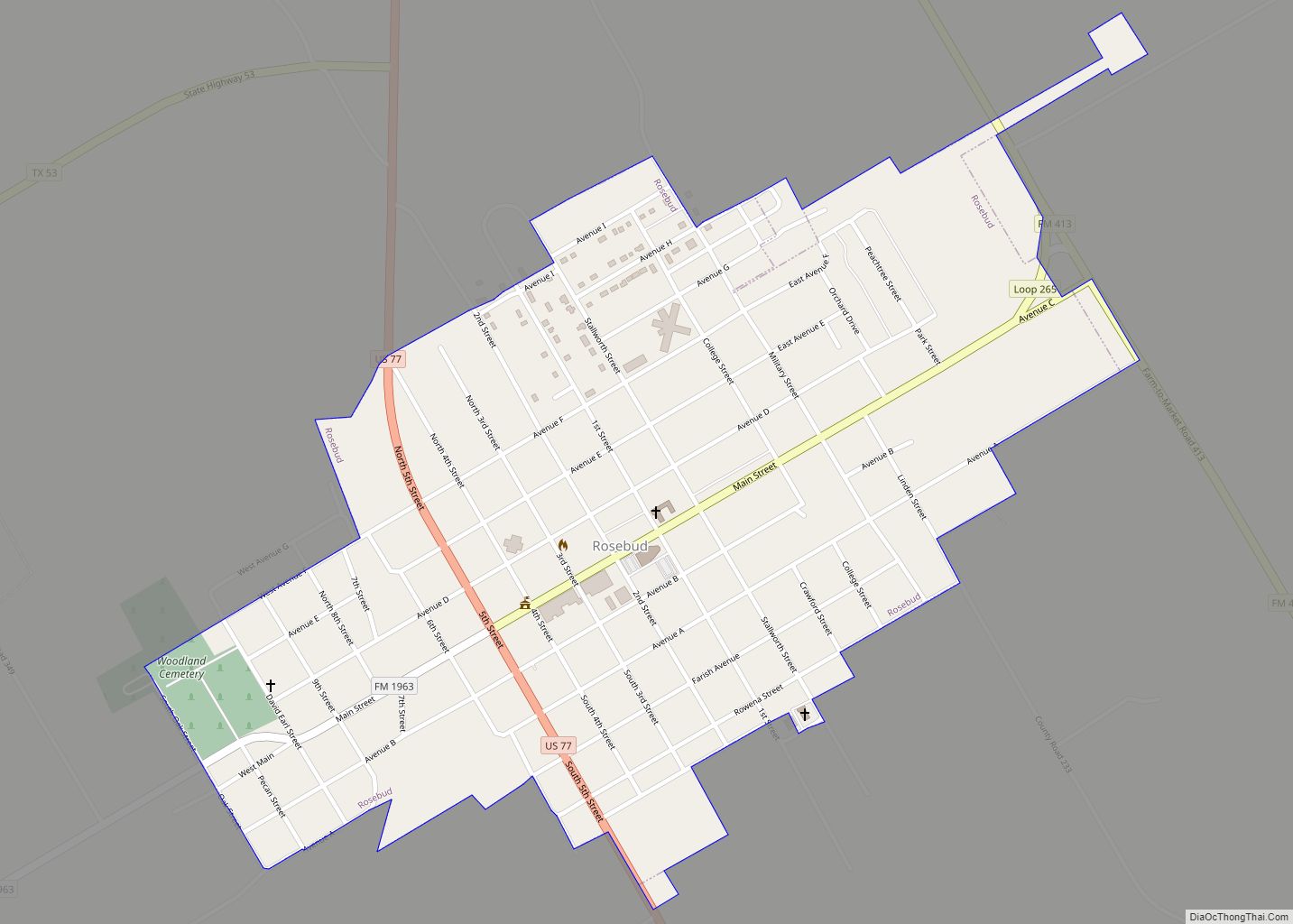 Map of Rosebud city, Texas