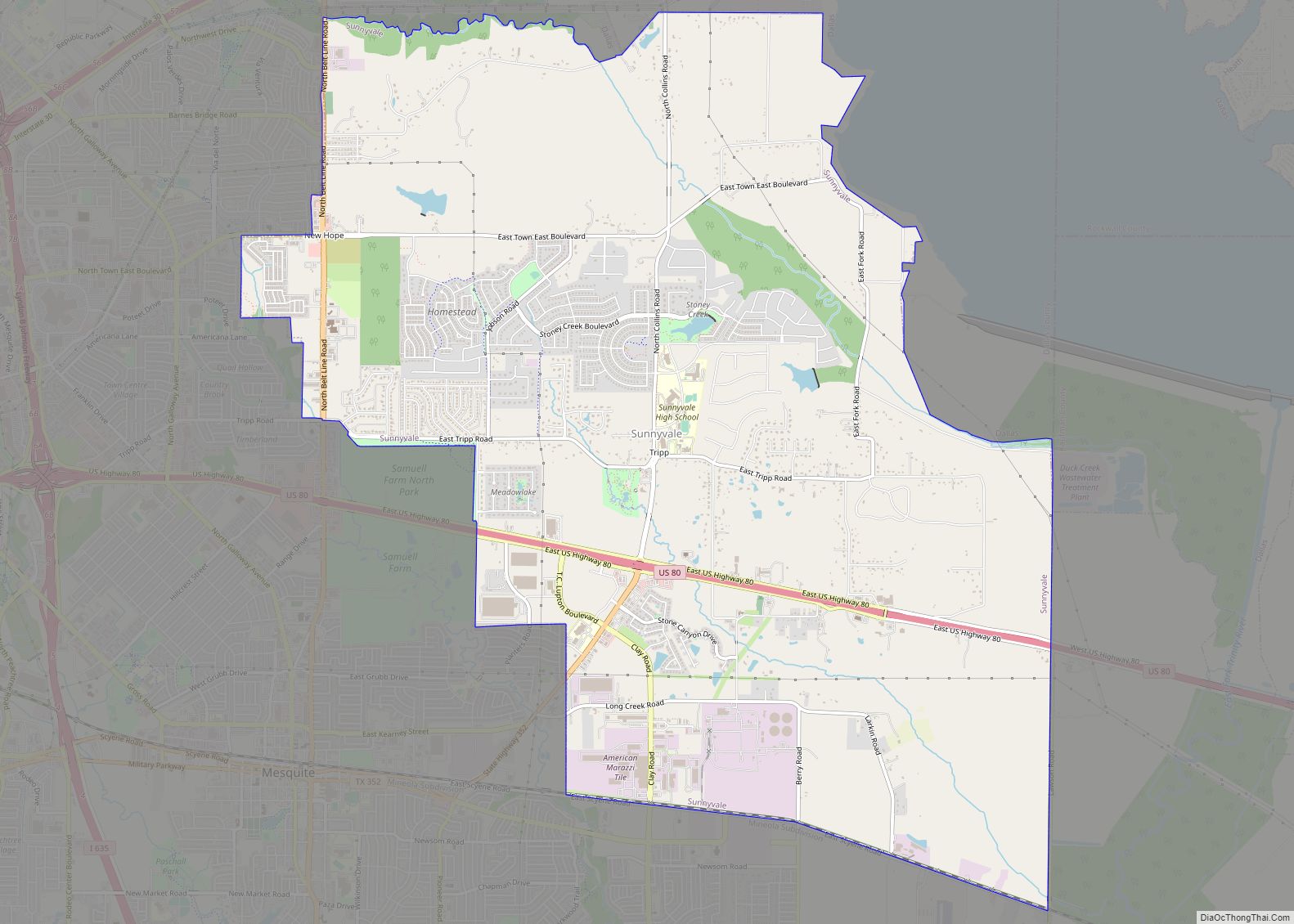 Map of Sunnyvale town, Texas