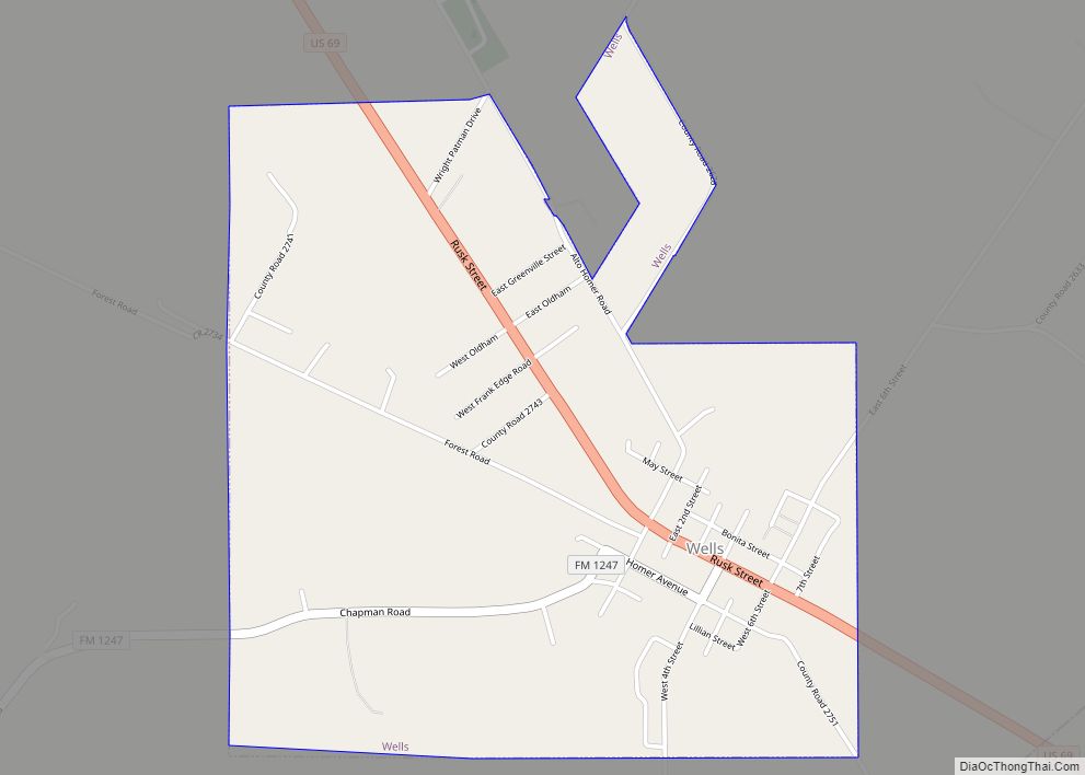 Map of Wells town, Texas