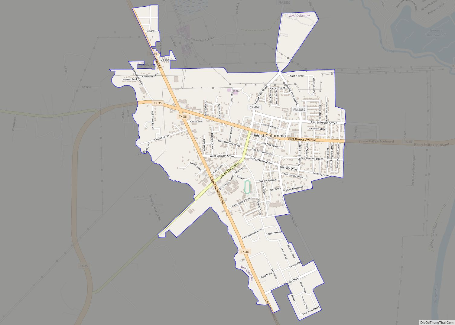 Map of West Columbia city, Texas