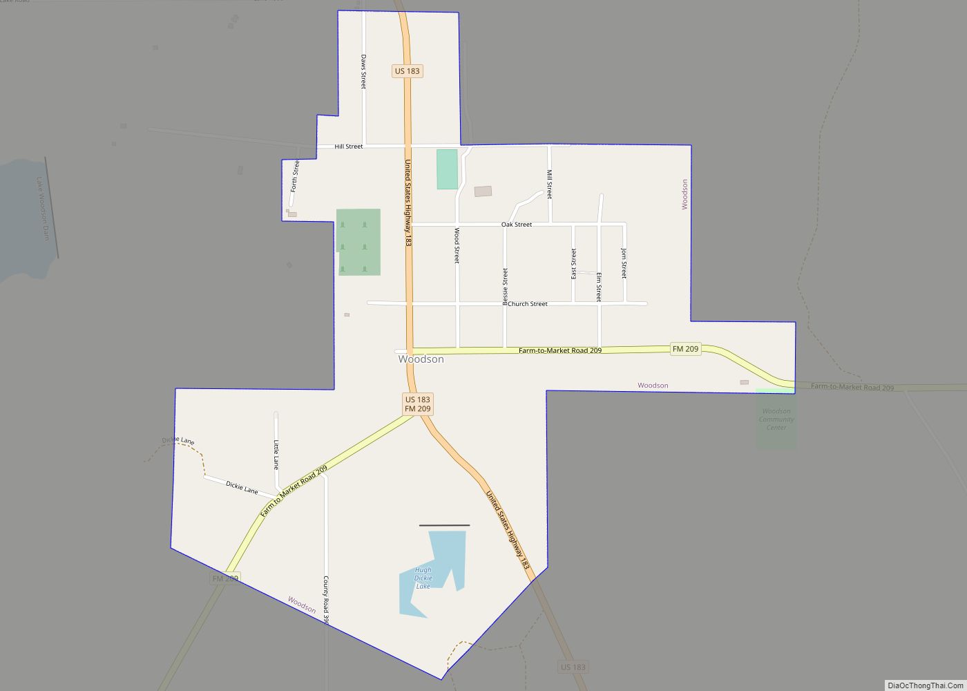 Map of Woodson town, Texas