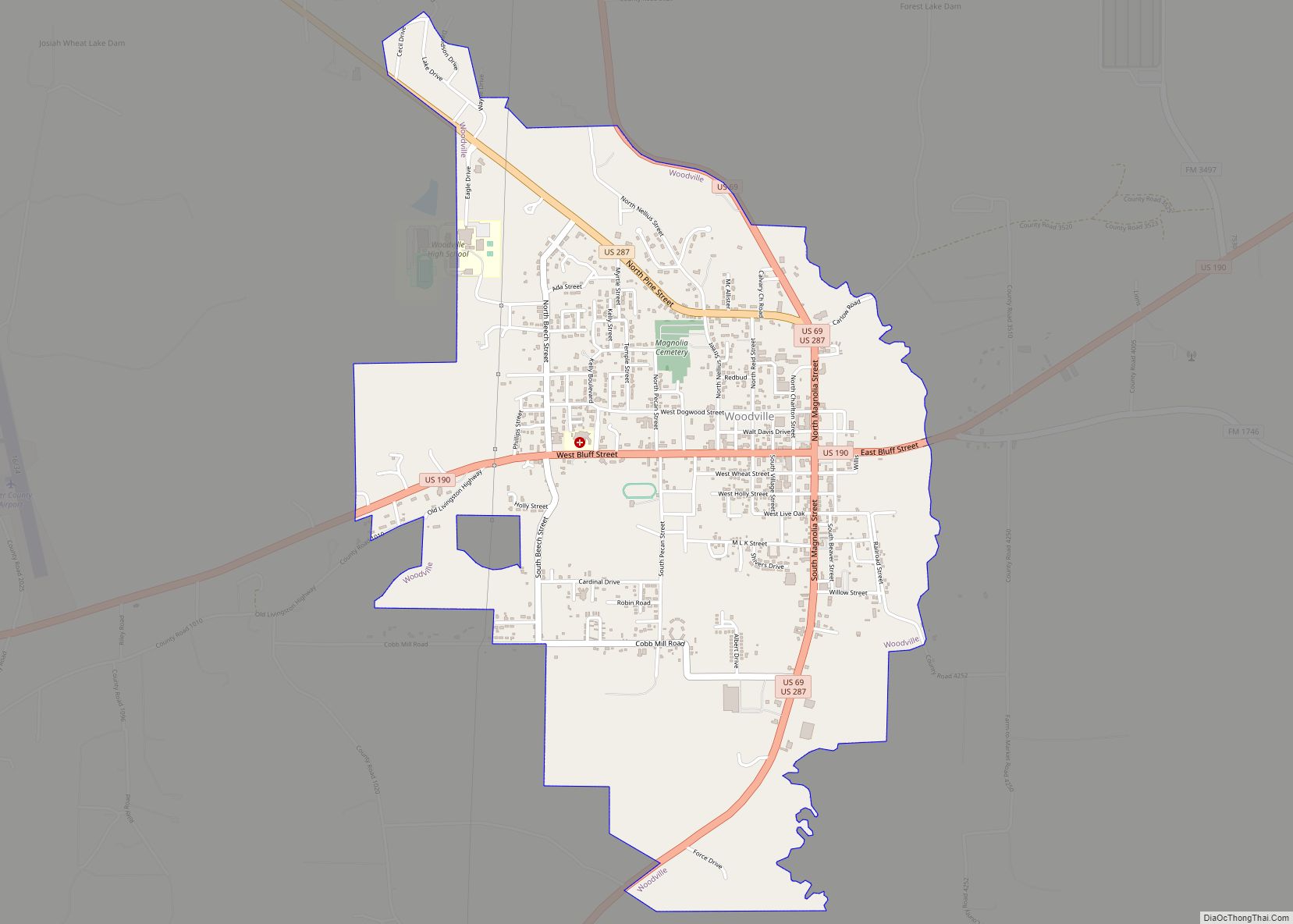Map of Woodville town, Texas