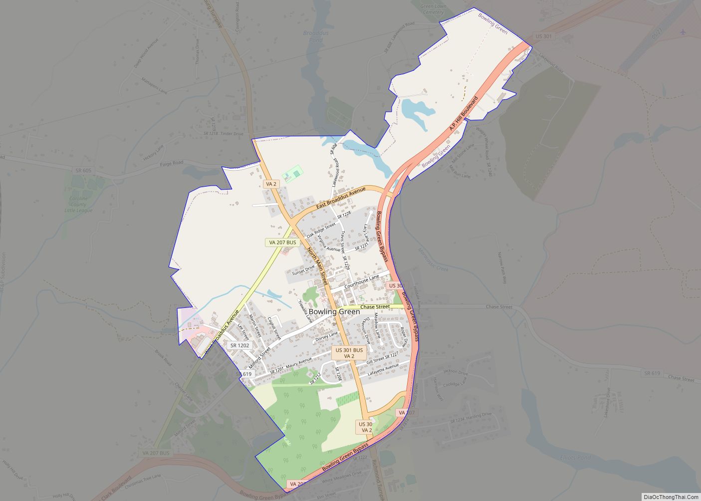 Map of Bowling Green town, Virginia