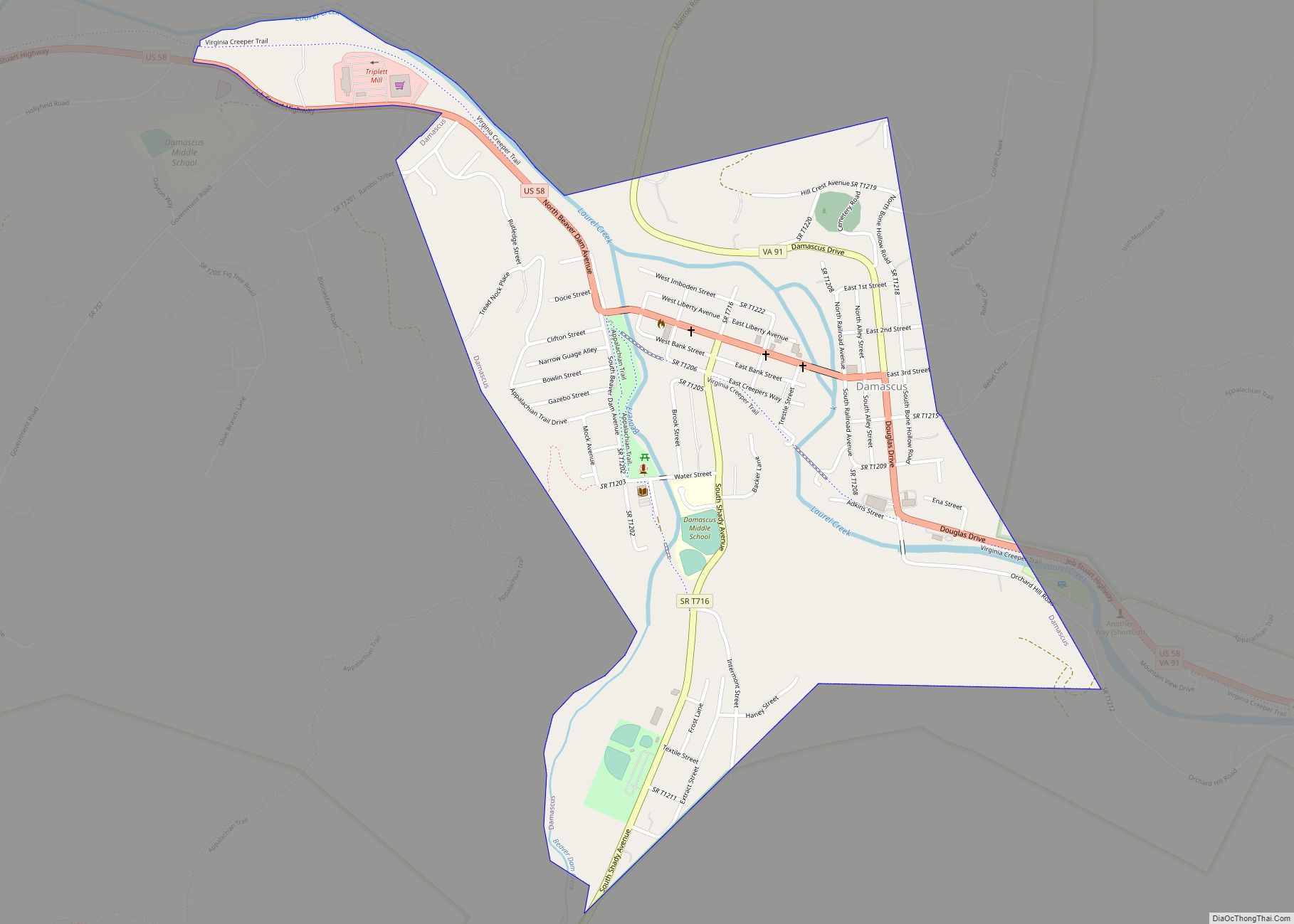 Map of Damascus town, Virginia