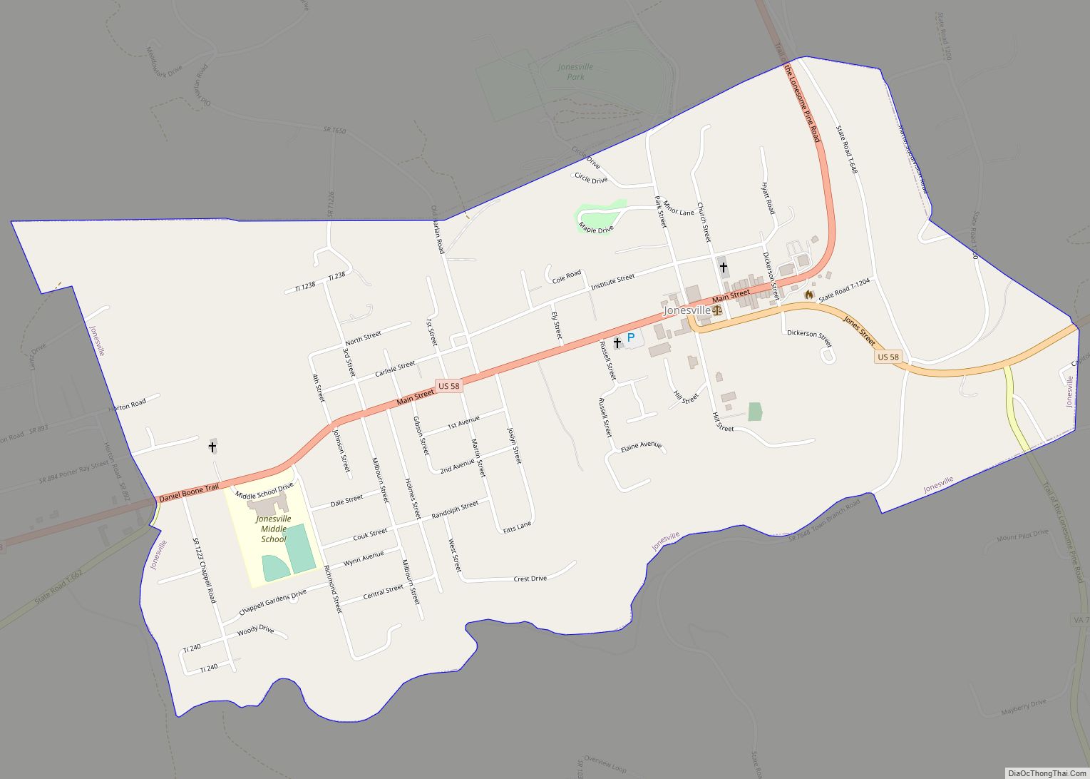 Map of Jonesville town, Virginia